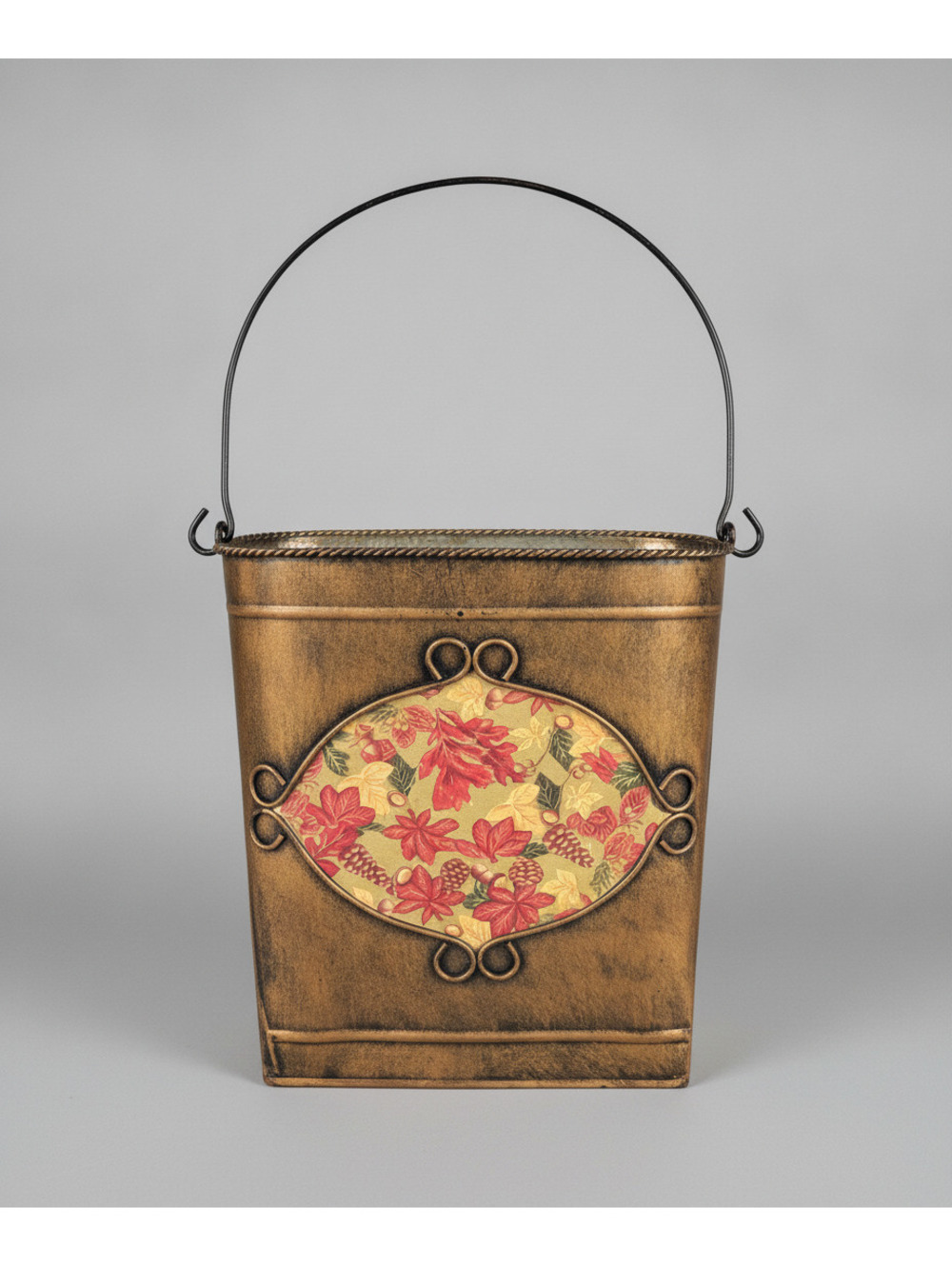 Rustic Autumn Themed Distressed Gold Metal Wall Hanging Pocket Vase 8.5"x 11"